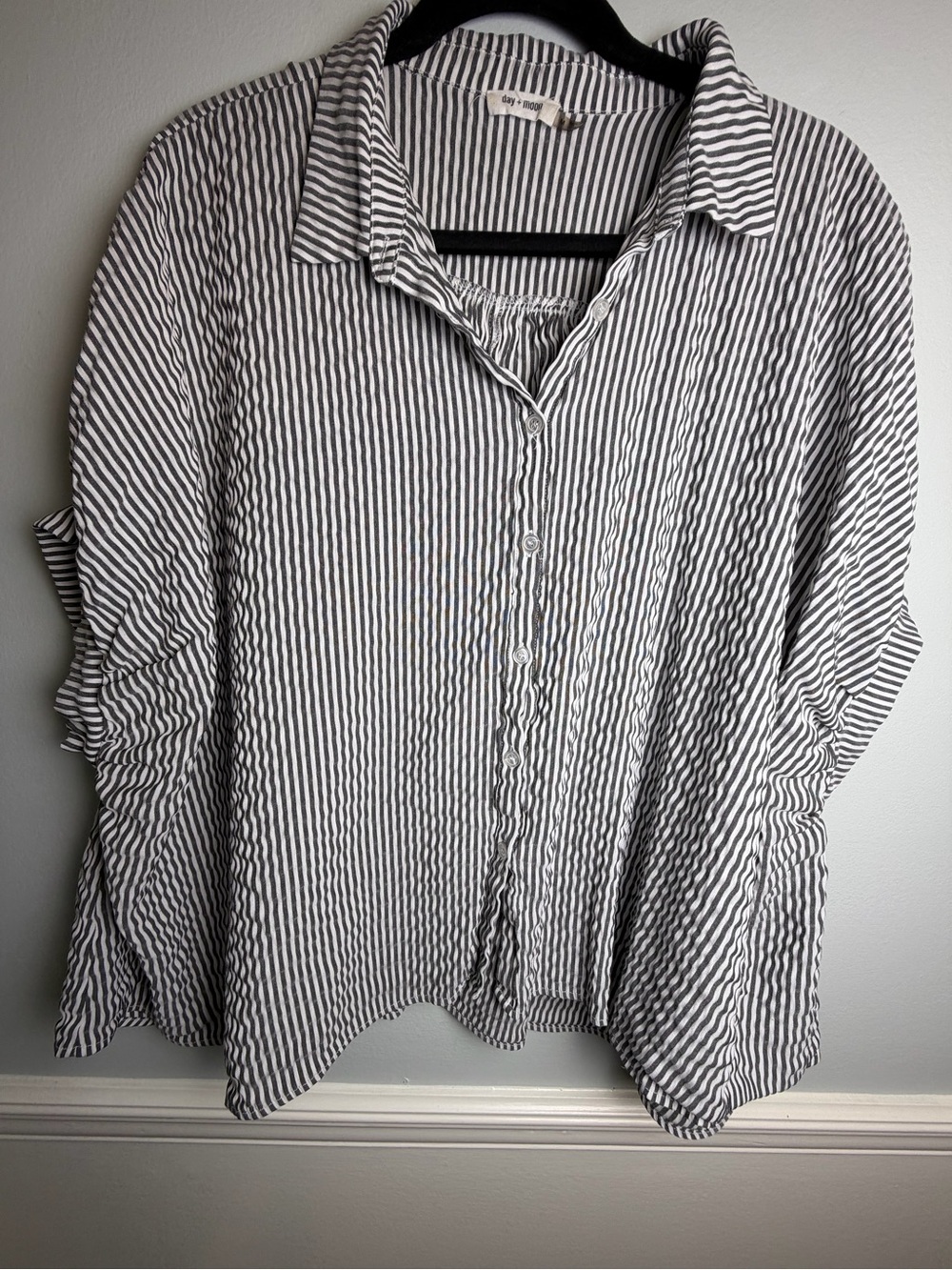 Day + Moon Black White Striped Button Down Blouse Roll Tab Sleeves Size M